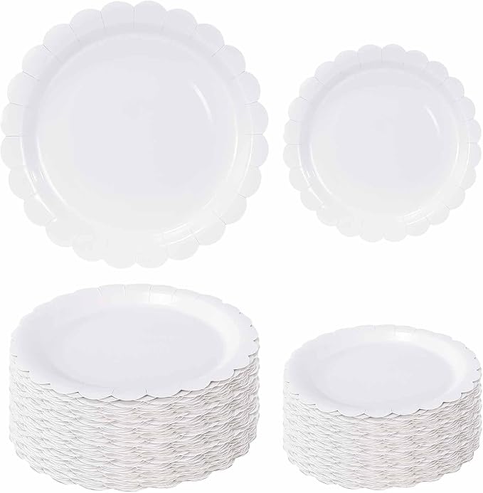 50 Pcs White Scalloped Paper Plates 25 × 7'' and 25 × 9'' Disposable White by FALIZIFU