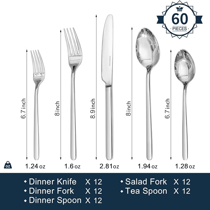 Silverware Set for 12, 60 Piece 18/10 Stainless Steel Flatware Utensils Cutlery - Image 2