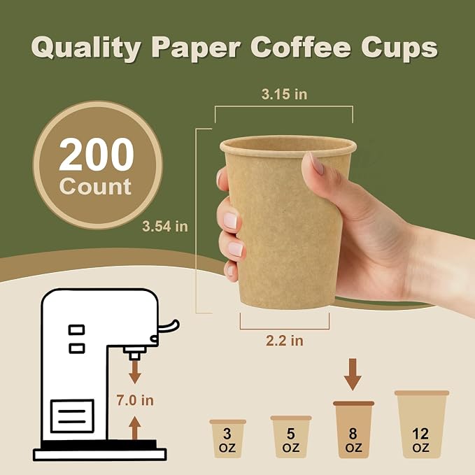 8 oz 200 Pack Disposable Coffee Cups, Bulk Brown Disposable Paper Cups - Image 3