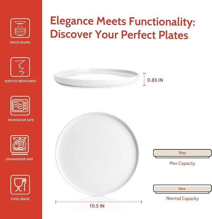 Sweese Porcelain Flat Dinner Plates Set of 6, 10.5 Inch High Edge Dish Set - Image 2