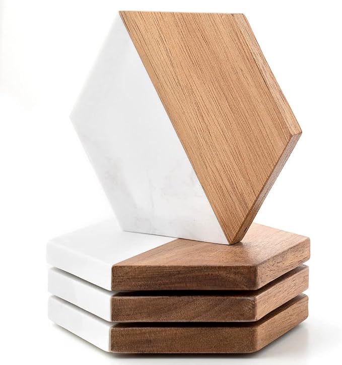 WLWNWFT Wood Marble Coasters for Drinks, Modern Rustic Acacia Hexagon Coaster by WLWNWFT