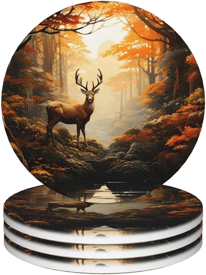 Forest Deer Animal Coasters for Drinks Absorbent Round Ceramic Coasters Set of by Unknown