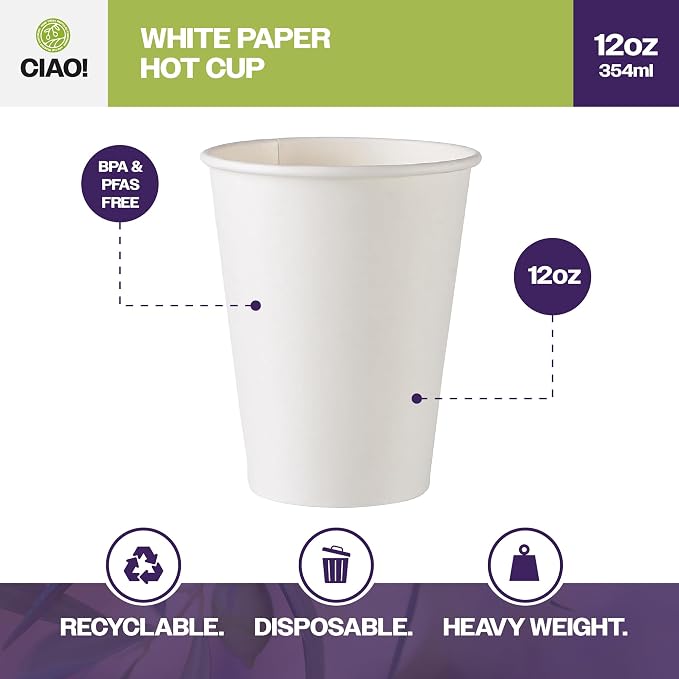 CIAO! 12oz White Paper Hot Cup, Disposable, 90mm Diameter 1 - Image 2