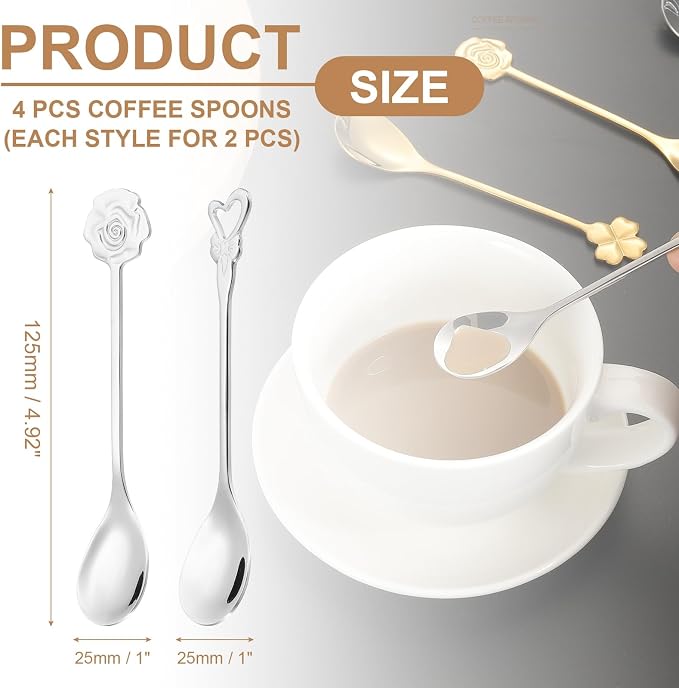 PATIKIL 4pcs Coffee Spoons, Heart/Rose Tea Spoons 304 Stainless Steel Teaspoons - Image 2