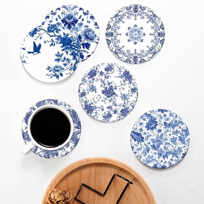 Absorbent Coasters for Drink Set of 6, Bule and White Coasters Cork Bases - Image 5