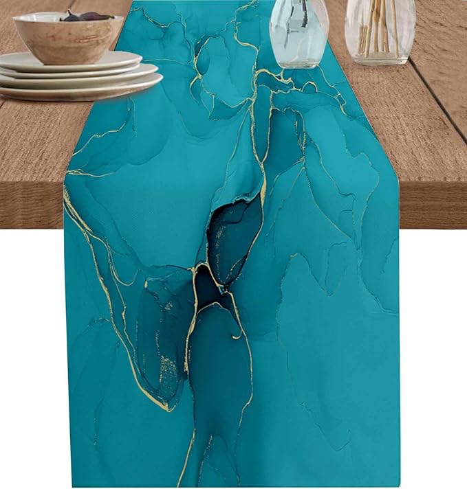 Teal Marble Table Runners 72 Inches Long, Turquoise Marble Crack Table Runner by Unknown