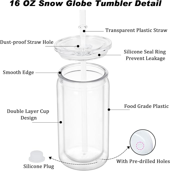 16 oz Plastic Snow Globe Tumbler, 4 Pack Double Wall Snowglobe Tumbler - Image 4