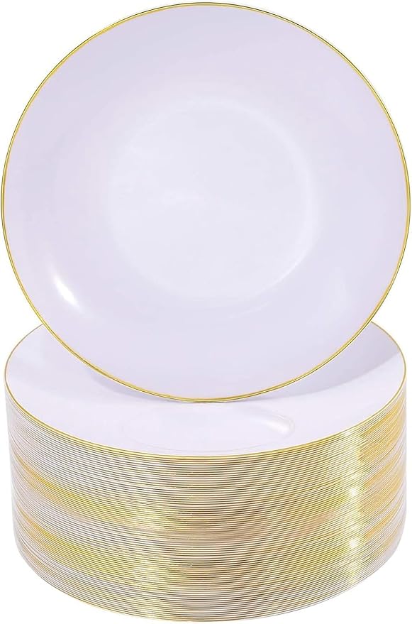 Nervure 100PCS White with Gold Rim Plastic Plates, 7.5″ Disposable Plates | by Nervure