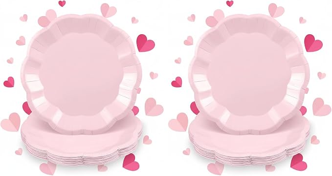 NatNarr 30 Pcs Pink Plates, 9 Inch Scalloped Pink Galentines Plates Disposable by NatNarr