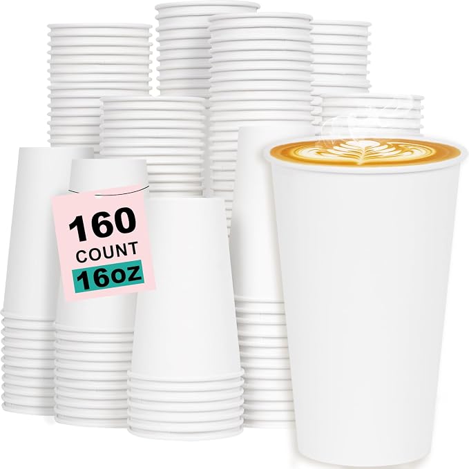16 oz 160 Pack Disposable Coffee Cups, Bulk White Disposable Paper Cups by COOLCAP