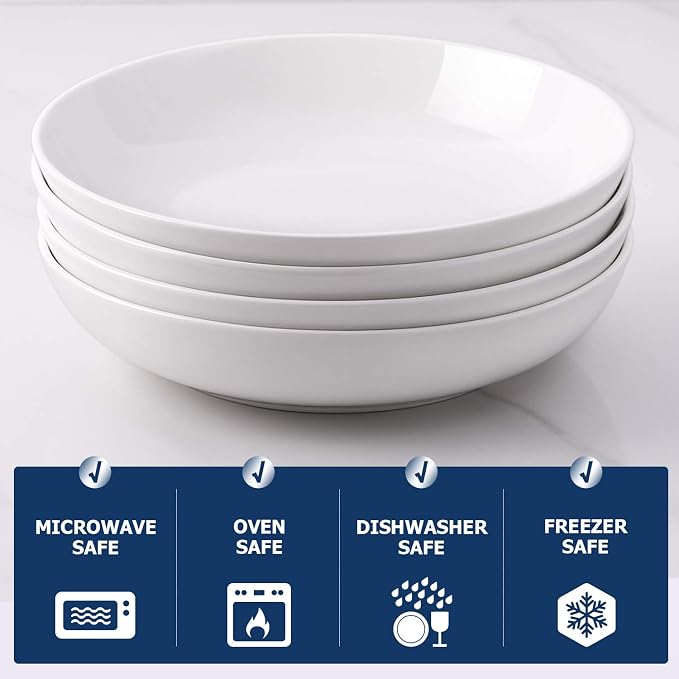 DOWAN 9.75" Pasta Bowls Set of 4, Large Shallow White Ceramic Salad Bowls - Image 4
