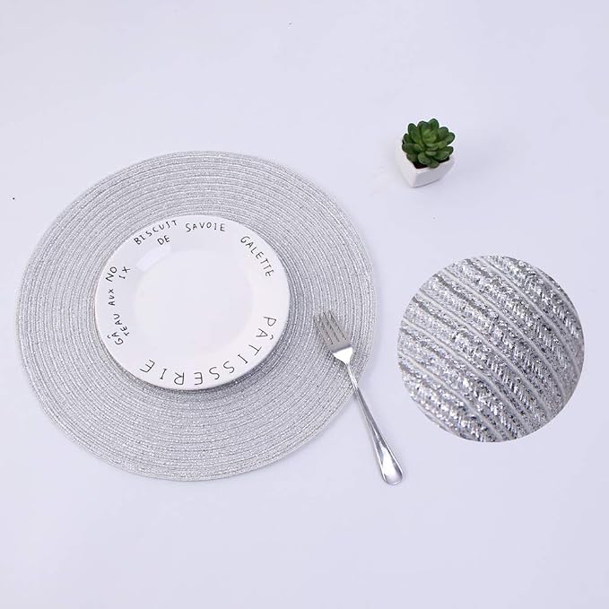 SHACOS Silver Glitter Round Placemats Set of 6 Sparkle Bling Place Mats Glitz - Image 4
