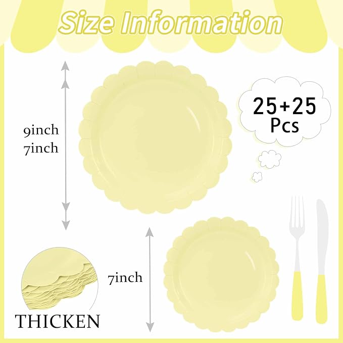 50 Pcs Yellow Scalloped Paper Plates 25 × 7'' and 25 × 9'' Disposable Yellow - Image 3
