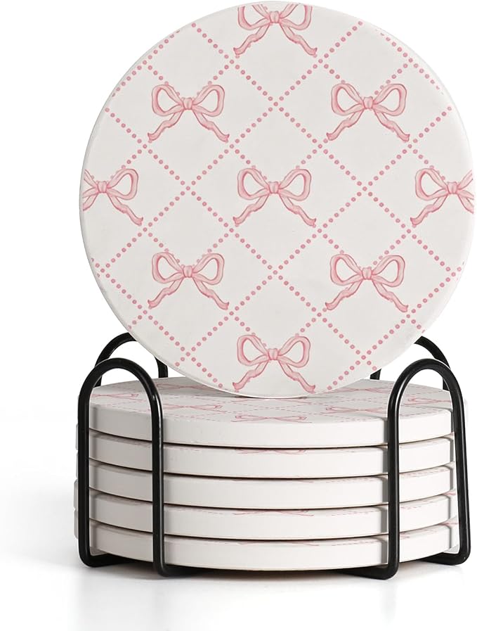 Pink Bow Round 4" Cup Coasters, Absorbent Ceramic Stone Drink Coasters by wonlex