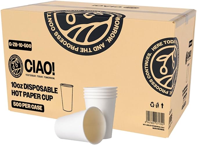 CIAO! 10oz White Paper Hot Cup, Disposable, 90mm Diameter 500 Count by Ciao