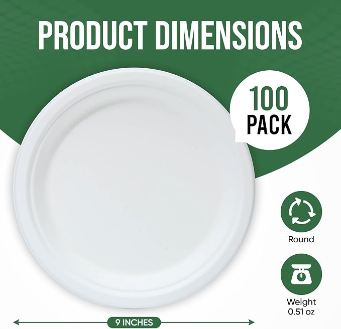 TaidMiao Heavy Duty Disposable Paper Plate 9 inch, 100% Compostable, 100 Pack | - Image 2