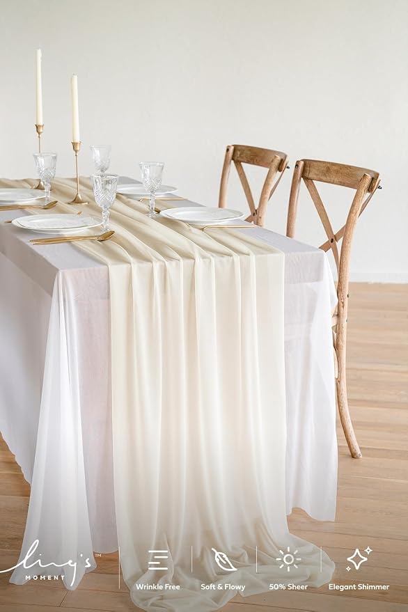Ling's Moment 14Ft Ivory Table Runner, Wedding Sheer Chiffon Table Runners | - Image 2