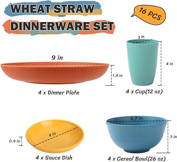 Wheat Straw Dinnerware Sets, Unbreakable Plates and Bowls Sets of 16, Kids - Image 3