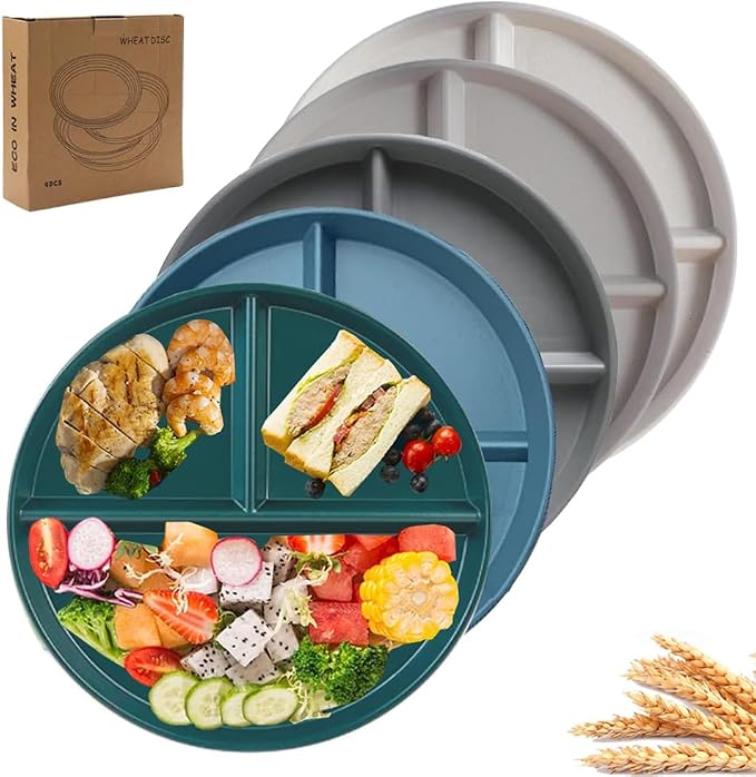PUPOPIK 9" Unbreakable Divided Plates Set of 5, Wheat Straw Plate Reusable by PUPOPIK