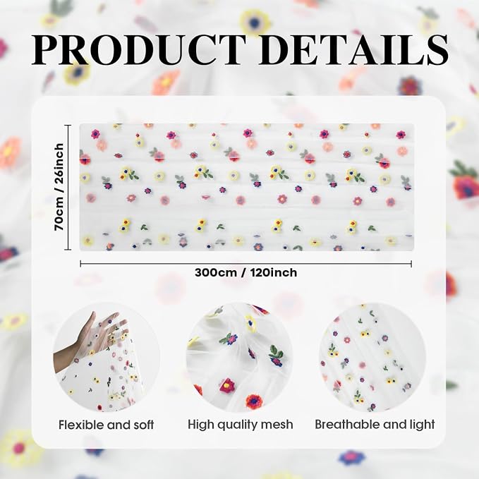 Artoid Mode 6PCS Embroidery Daisy Gauze Table Runner 120 Inch 10FT | Seasonal - Image 7