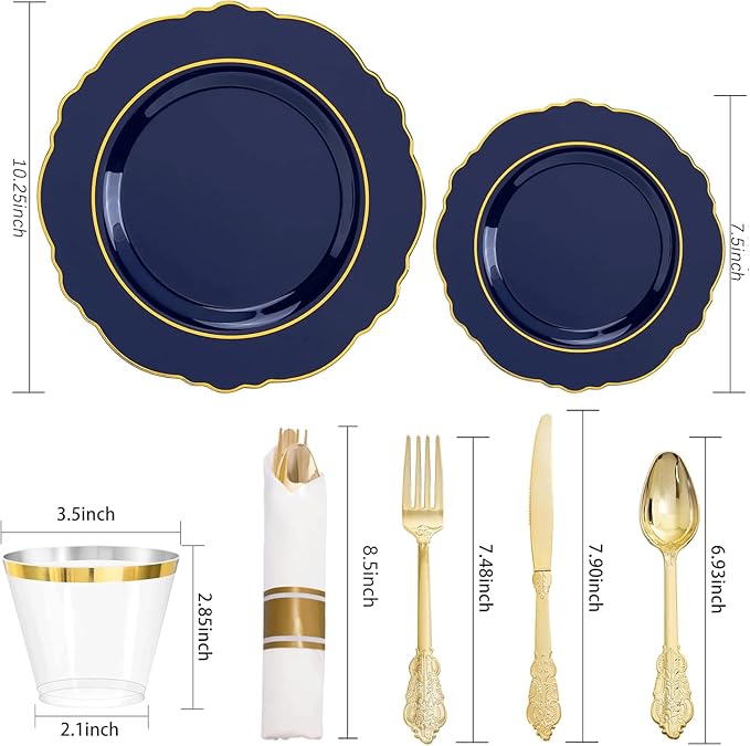 350PCS Navy Blue Plastic Patriotic Plates-Disposable Blue Gold Plates 50guest - Image 3