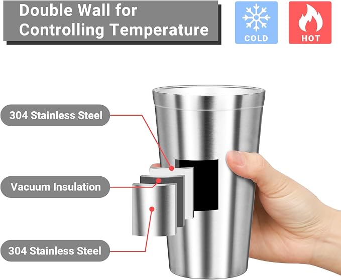 Stainless Steel Cup, 16 oz Insulated Tumbler, 8 Pack Double Wall Unbreakable - Image 3