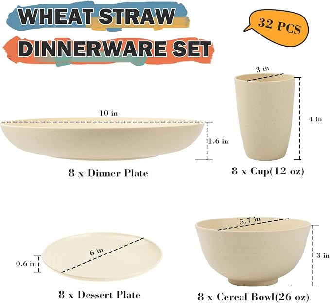Wheat Straw Dinnerware Sets for 8, Kitchen Dish Set - Image 2
