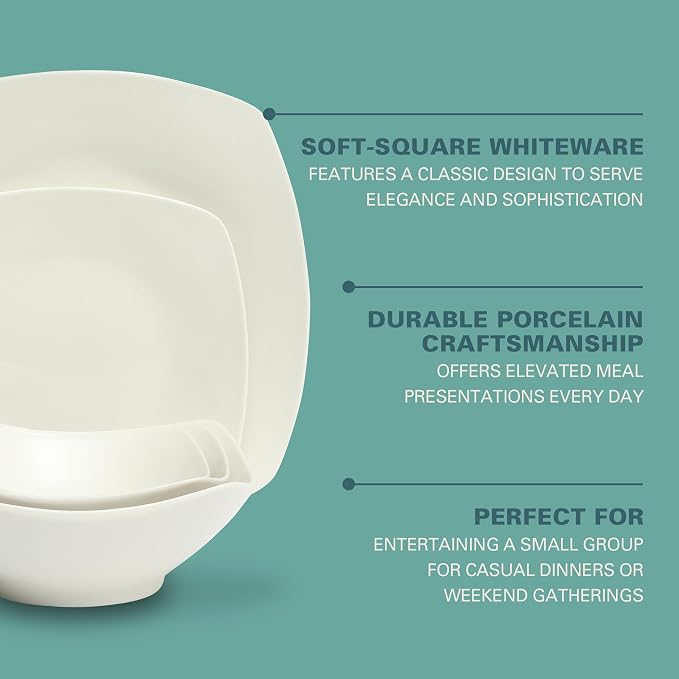 Gibson Home Brentwood 40-Piece Dinnerware Set – Square White Porcelain Plates - Image 3