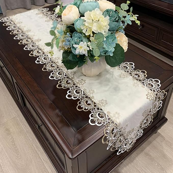Sandweek Washable Lace Floral Embroidered Rectangle Table Runner Scarf Wedding - Image 2