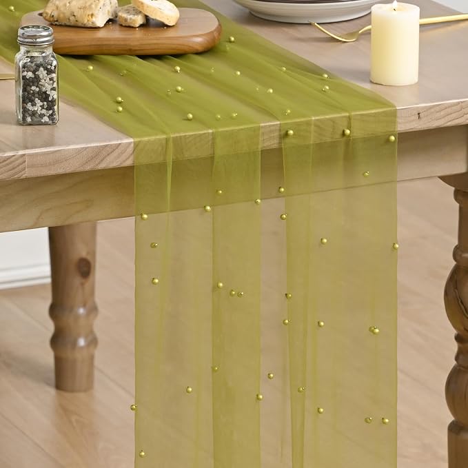 Artoid Mode Pearl Olive Green Gauze Table Runner 120 Inch 10FT, Seasonal Sheer by ArtoidMode