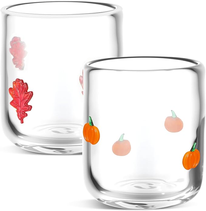 SiliFine 2 Pcs Fall Icon Juice Glasses - 14oz Maple Leaf and Pumpkin Pattern by SiliFine