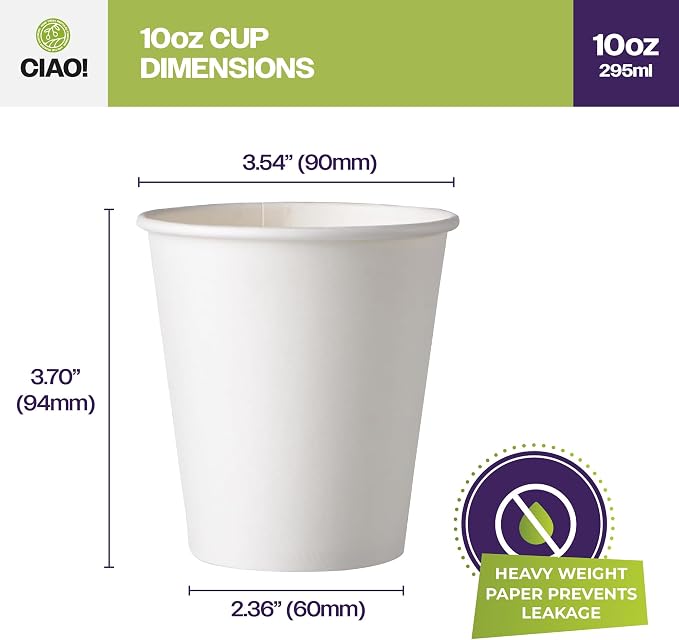 CIAO! 10oz White Paper Hot Cup, Disposable, 90mm Diameter 500 Count - Image 2