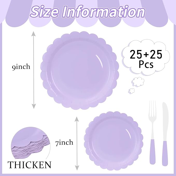 50 Pcs Light Purple Scalloped Paper Plates 25 × 7'' and 25 × 9'' Disposable - Image 3