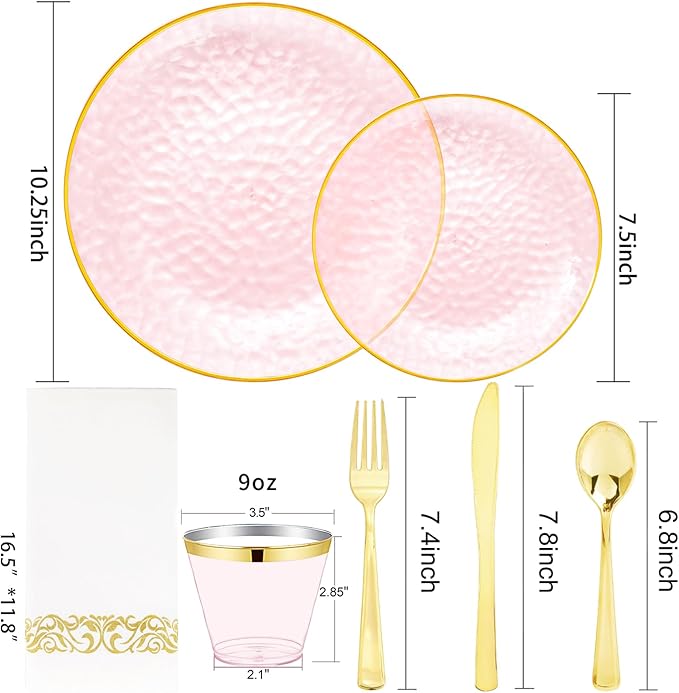 Rubtlamp 175 Pcs Pink Plastic Plates Dinnerware Set, Hammered Party Platos Set - Image 2