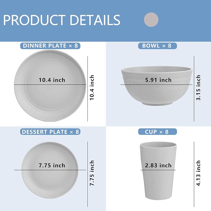 32Pcs Grey Wheat Straw Dinnerware Sets, Unbreakable Dish Set - Image 2