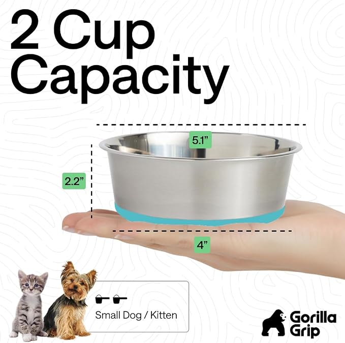 GORILLA GRIP Dog Bowls, Food Grade 304 Stainless Steel Holds 2 Cups Each Food - Image 4