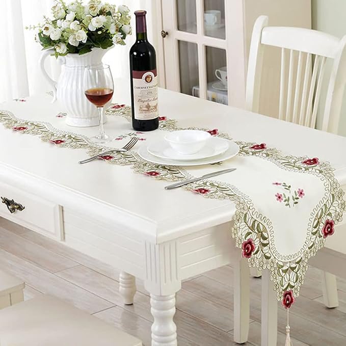 LeLehome 15 X 112 Inch Classic Table Runner, Flowers Embroidery Lace Beige - Image 8
