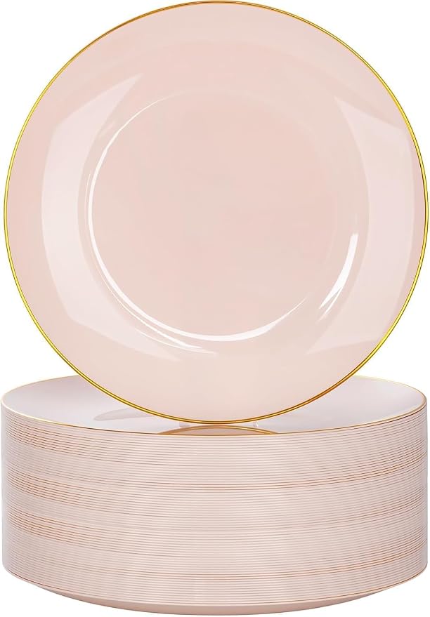 Nervure 100PCS Pink and Gold Plastic Plates, 10.25″ Disposable Dinner Plate | by Nervure