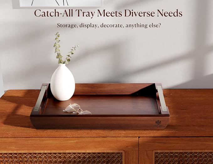 Acacia Wood Serving Tray with Metal Handle, 17x13in Tray - Image 8