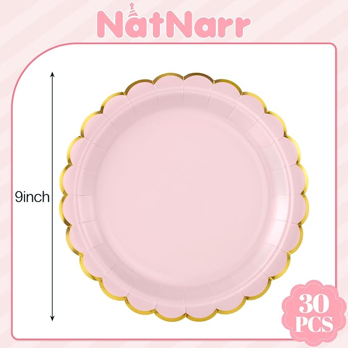 NatNarr 30 Pk Pink Gold Plates 9" Disposable Scalloped Pink Paper Plates | Cute - Image 2