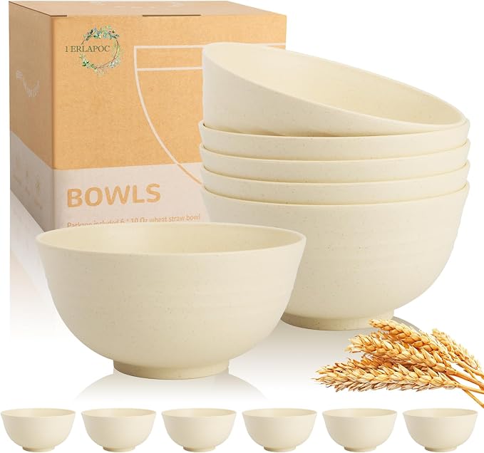 Wheat Straw Bowls Set of 6, 26 OZ Unbreakable Cereal Bowls, Reusable Plastic by Perlapoc