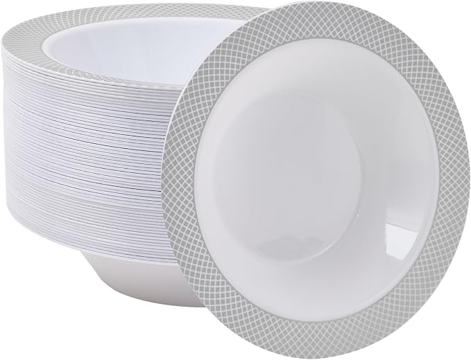 Plastic Bowls with Silver Grid Rim Disposable 12oz Bolws 50Pack | Disposable by JOLLYCHEF