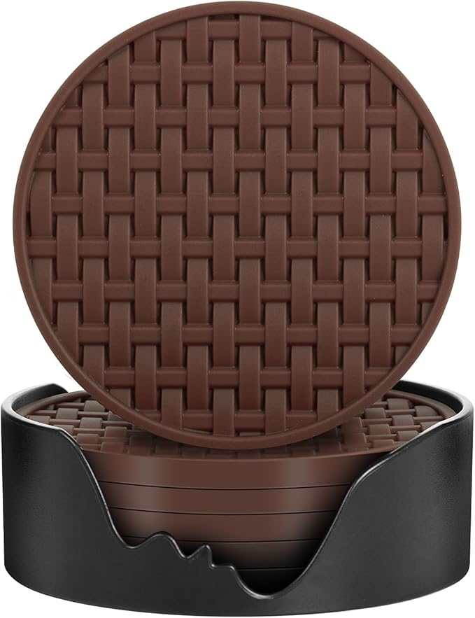 Brown Silicone Coaster with Holder Set of 6, 4 Inch Non-Slip Cup Mats | Round by Bangkee
