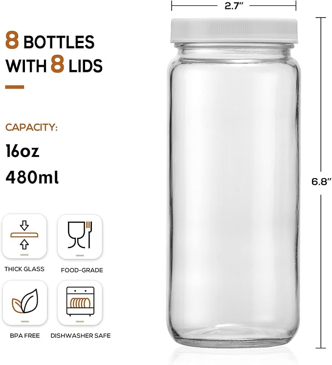 Glass Juicing Bottles with 2 Straws & 2 Lids w Hole- 16 OZ Travel Drinking Jars - Image 2