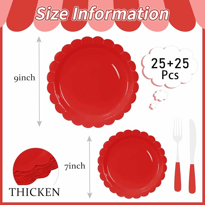 50 Pcs Red Scalloped Paper Plates 25 × 7'' and 25 × 9'' Disposable Red - Image 3
