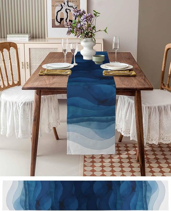Navy Blue Ombre Table Runners 108 Inches Long, Abstract Modern Stripe Table - Image 6