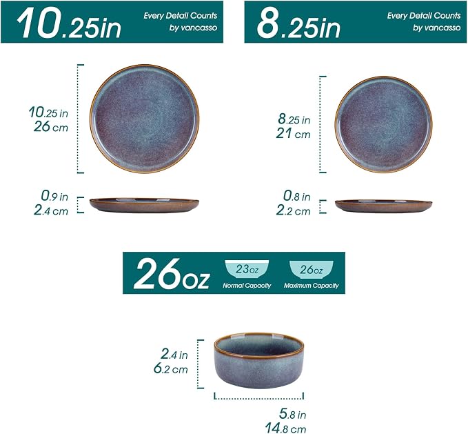 vancasso PLAYA Plates and Bowls Sets, 24 Pieces Grey-Blue Dinnerware Sets - Image 2