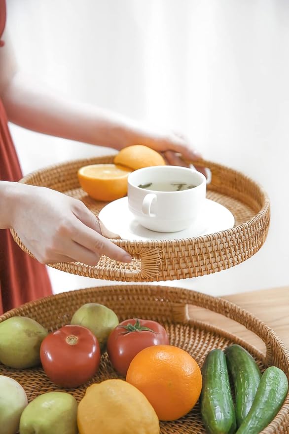 HITOMEN 11.8" Hand-Woven Round Rattan Serving Tray Decorative Wicker Trays - Image 3
