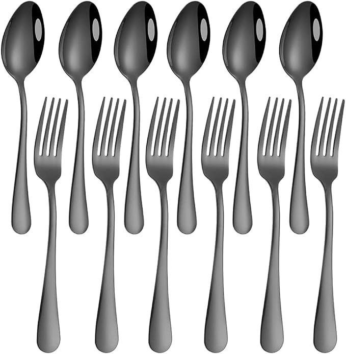 Set of 12, findTop Heavy-duty Forks and Spoons Cutlery Set- Black by findTop