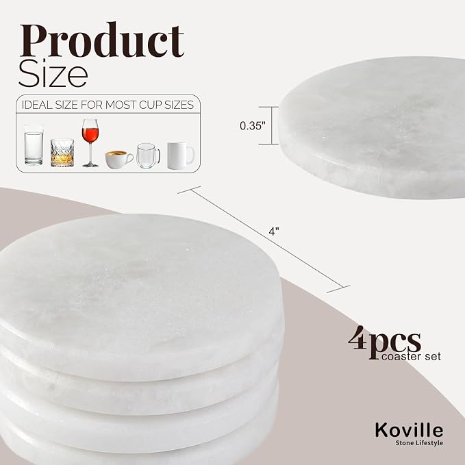 Marble Coaster Set of 4, Round White Coasters, Heat Resistant Coaster - Image 2